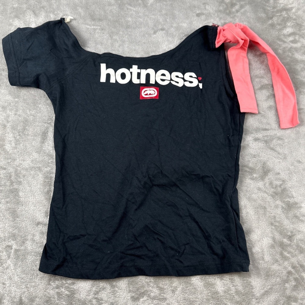 Ecko Red Hotness Graphic Asymmetric Tie Shoulder Top Black Pink XS NWT Y2K